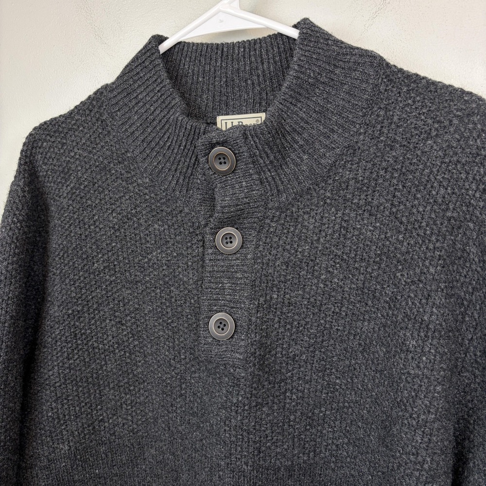 L.L.Bean Sweater Mens XLT Tall Gray Henley Mock Neck Wool Waffle Knit Pullover